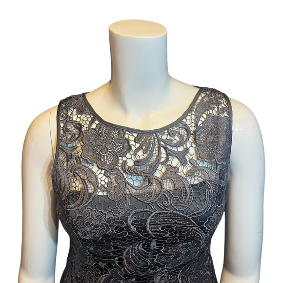 Adrianna Papell Lace Illusion Sheath Dress Charcoal Floral Cocktail, 14 - Picture 3 of 13